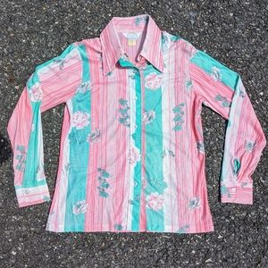 Vintage 1970s Pink Mint Floral Stripe Polyester Button Down Shirt M Beeline Vtg